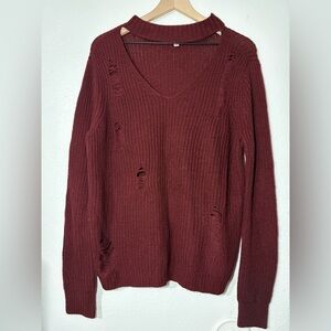 Crave Fame Women's Burgundy Distressed Sweater